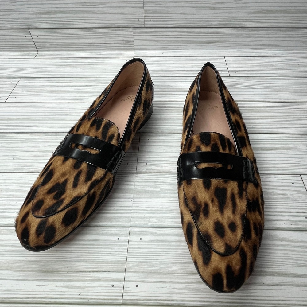 J.Crew Academy Penny Loafers Leopard Calf Hair Animal Print Shoes J8502 Size 8